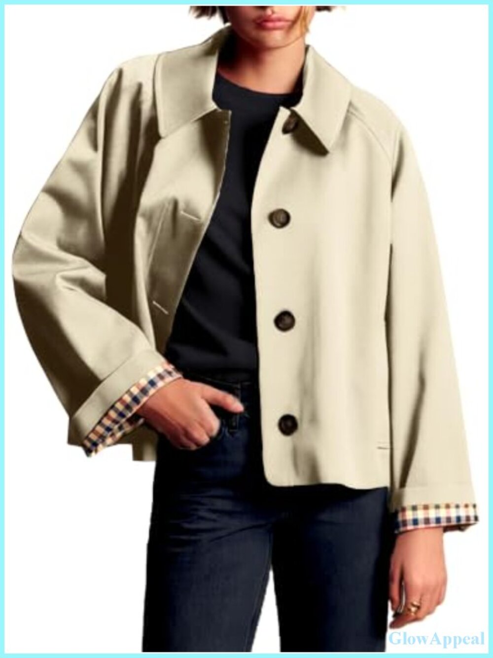 Oversize Cropped Trench Coat Plaid Lining with Pockets